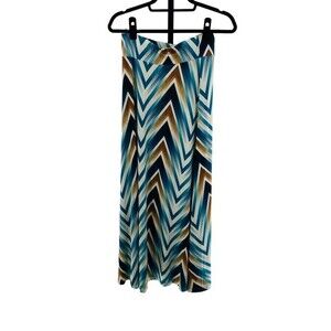 Veronica M Size xs‎ Satin Stretch Flared Maxi Skirt Blue Gold Abstract Chevron